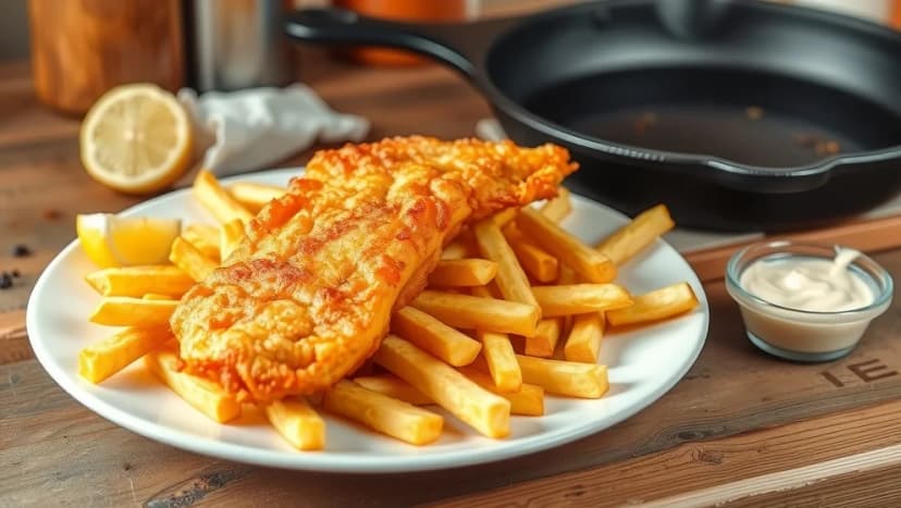 Krispigt fisk och chips hemma i köket